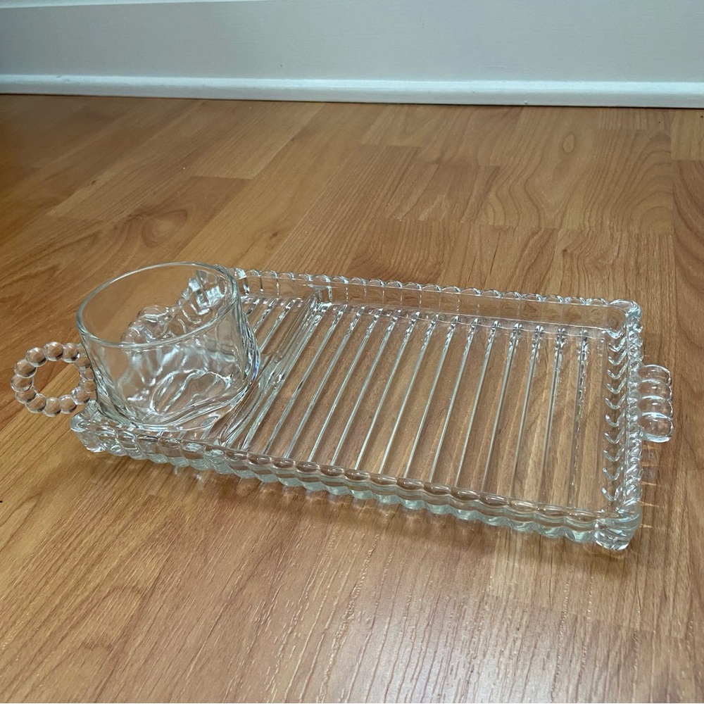 Hazel Atlas Smoke Sip Snack Ball Ribbed Glass Luncheon Set Vintage 1950